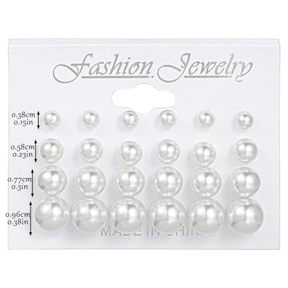 24 Pairs Pearl Studs Earrings for Women, Faux Simulated Pearl Earrings 4 Mixed Sizes Round Ball Pearls Stud Earring Set - color: White