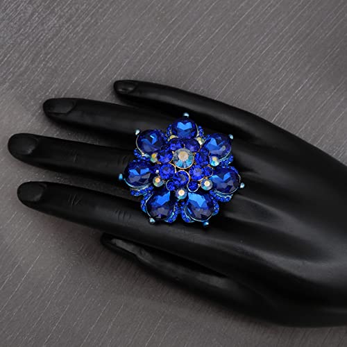 Flower Shape Crystal Cocktail Stretch Ring Party Prom Floral Statement Elastic Ring for Women - color: royal blue-gold tone