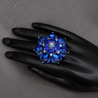 Flower Shape Crystal Cocktail Stretch Ring Party Prom Floral Statement Elastic Ring for Women - color: royal blue-gold tone