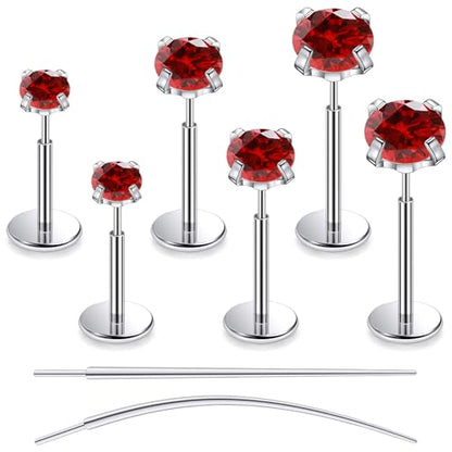 F136 Titanium 20/18/16G Earrings Nose Lip Rings Medusa Tragus Cartilage Helix Labret Flat Back Threadless Implant Grade Stud Piercing Jewelry for Women - color: Red CZ, size: 20g*6/7/8mm*2/3/4mm