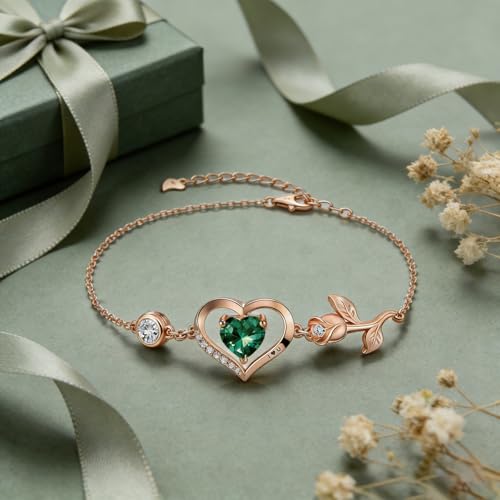 1CT Rose Heart Birthstone Bracelet for Women Love Gift - style: 05-May Emerald Rose Gold
