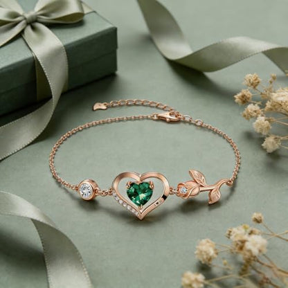 1CT Rose Heart Birthstone Bracelet for Women Love Gift - style: 05-May Emerald Rose Gold