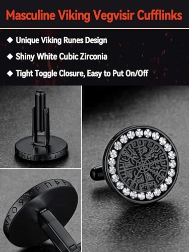 FaithHeart Mens Cufflinks, Norse Viking Tuxedo Shirt Cuff Links, Stainless Steel Cuff Links and Shirt Studs, Gift Box - style: 01. Compass CZ-Black