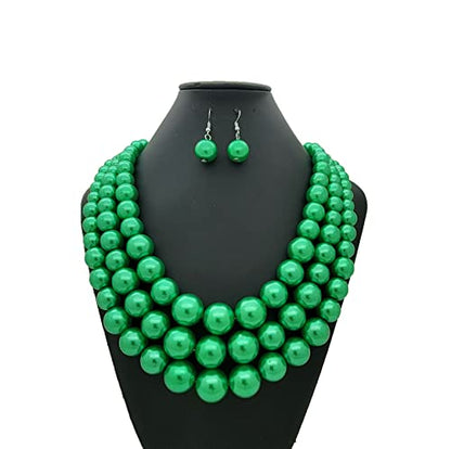 Simulated Pearl Necklace & Earring Set, Multi Strand - color: Green