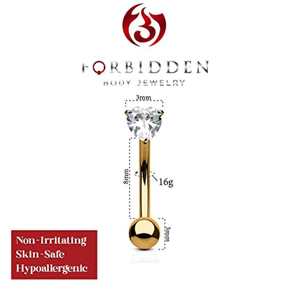 Forbidden Body Jewelry 16g 8mm Surgical Steel 3mm CZ Heart Top Barbell for Daith, Eyebrow and Rook Piercing - color: Rose Gold Tone/Clear CZ