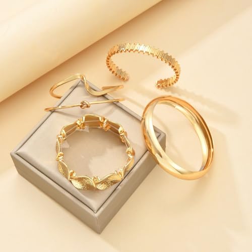 Golden Stackable Bracelets Set for Women Trendy Multi Layer Adjustable Chunk Flower Cuff Bracelet Geometric Irregular Wave Statement Bangle Glamour Stacking Cuff Jewelry - color: Gold-C