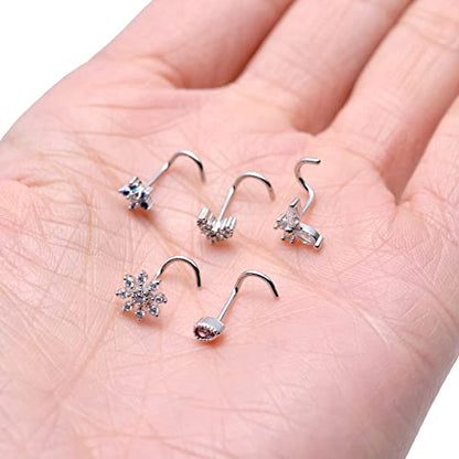 9Pcs Nose Rings Stud L Bone Screw Shaped Nose Ring Flower CZ Snowflake Butterfly Screw Nose Stud Body Piercing Jewelry for Women Men 20G Silver Gold Rose Gold Tone - color: E:Silver Tone&Screw Shaped
