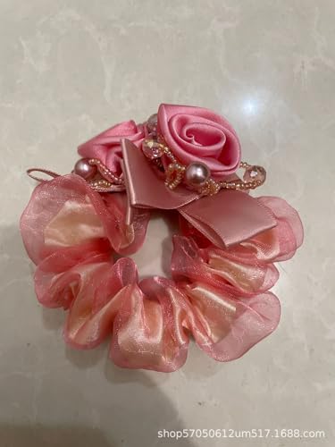 Satin Hair Scrunchie with Rose Flower, Brown and Gold, Pearl Beads, Ribbon Bow, Hair Tie Accessory, 9cm (pink) - color: pink