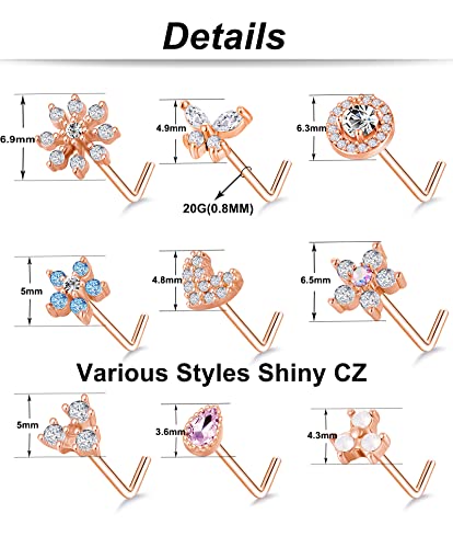 9Pcs Nose Rings Stud L Bone Screw Shaped Nose Ring Flower CZ Snowflake Butterfly Screw Nose Stud Body Piercing Jewelry for Women Men 20G Silver Gold Rose Gold Tone - color: C:Rose Gold Tone