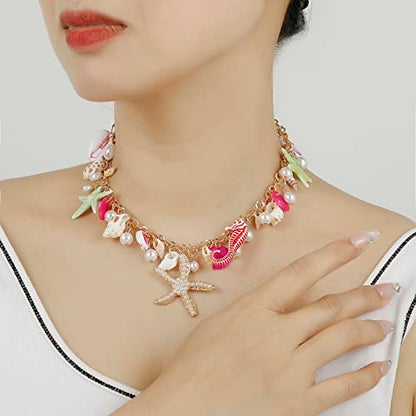 RUOFFETA Shell Starfish Necklace Bracelet Conch Statement Chunky Necklace Mermaid Costume Jewelry Beach Jewelry for Women - style: Necklace 2