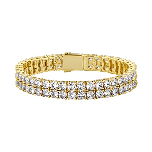 JINAO 2-Row Tennis Bracelet for Men & Women, 14K Gold Plated Brass, Iced-Out Cubic Zirconia Chain, Unisex Hip-Hop Style - color: 5mm 8" Golden