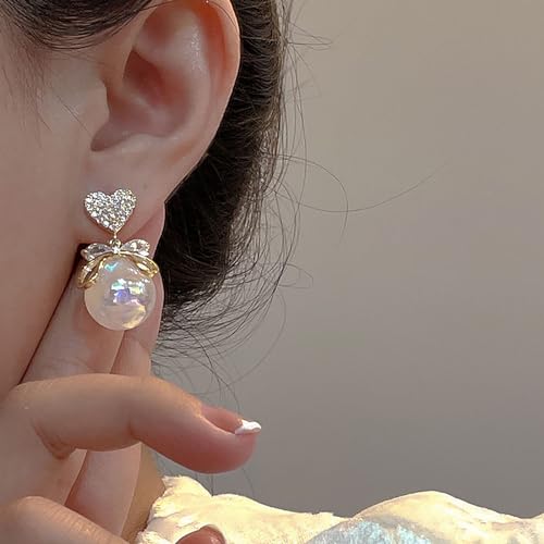 Pearl Bow Earrings for Women Coquette Aesthetic Jewelry Rhinestone Bow Earrings for Bridesmaids Wedding Party Accessories Bridal Costume Accents Bowknot Themed Gifts - color: I: Heart Pearl Bow Earrings