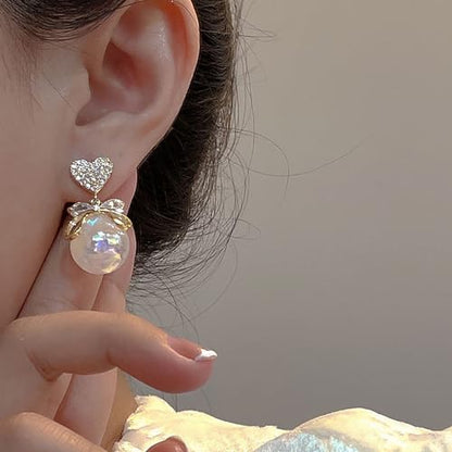 Pearl Bow Earrings for Women Coquette Aesthetic Jewelry Rhinestone Bow Earrings for Bridesmaids Wedding Party Accessories Bridal Costume Accents Bowknot Themed Gifts - color: I: Heart Pearl Bow Earrings