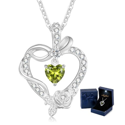Heart Birthstone Necklace, LED Gift Box | Heart birthstone necklace with rose CZ pendant and LED gift box, ready-to-gift birthday gift for mom, wife, grandma, sister - color: White Gold 08-Aug Olive Green