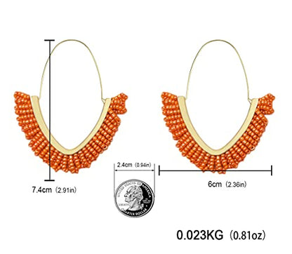 V-Shaped Beaded Dangle Earrings - Statement Drop Fringe Earrings, Boho Handmade Tassel Jewelry Gift for Women - color: Orange
