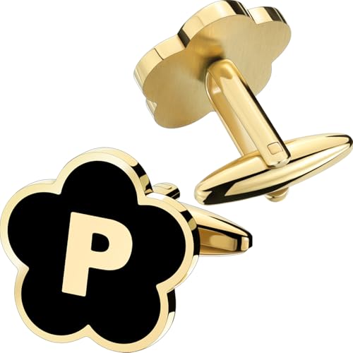 Initial Cufflinks for Mens,Personalized Black Glod Pated Letter Shirts CuffLinks,Stainless Steel Cuff Links, Business Wedding Gift A-Z - style: Letter P