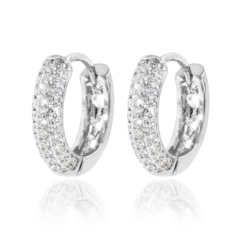 CZ Huggie Hoop Earrings for Women 14K Gold Plated Cubic Zirconia Dainty Simple Cute Small Circle Minimalist Elegant Hypoallergenic Fashion Jewelry 15mm [RER-CZ] - color: Silver
