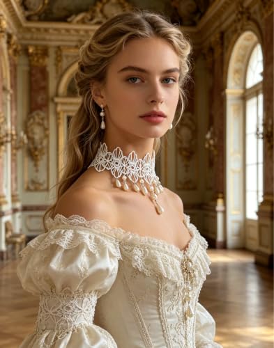 Lace Choker Necklace for Women Gothic Pearl Pendant Necklace Halloween Cosplay Jewelry - color: Pearl Tassel