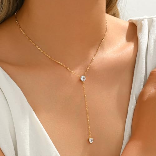 Dainty Y-Shaped Lariat CZ Drop Charm Pendant Necklaces for Women - color: Round-CZ-GD