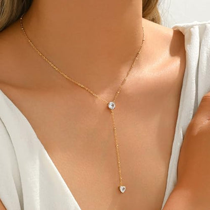 Dainty Y-Shaped Lariat CZ Drop Charm Pendant Necklaces for Women - color: Round-CZ-GD