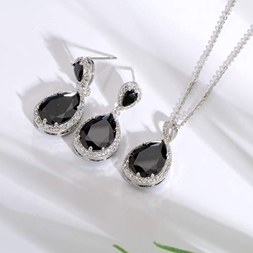 Bridal Jewelry Set for Wedding - 18k Plated Teardrop CZ Crystal Cubic Zirconia Rhinestone Necklace Earrings Set for Bride Bridesmaids Mother of Bride Party Prom Birthstone Costume Jewelry - color: Dec-Black Zircon