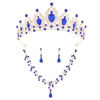Crystal Crown and Tiara Jewelry Set for Women Bride with Necklace Earrings | Metal Rhinestone Royal Queen Princess Jewelry Set Wedding Quinceanera Pageant Prom Birthday Halloween Party Costume Gift - color: Blue