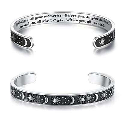 TONY & SANDY Inspirational Bracelets for Women Teen Girls Personalized Gifts for Daughter Granddaughter Mom Sister Friends Stainless Steel Engraved Cuff Birthday Easter Christmas - style: A - Graduation Gifts - Sun & Moon - Behind you, all your memories.