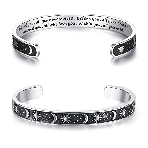 TONY & SANDY Inspirational Bracelets for Women Teen Girls Personalized Gifts for Daughter Granddaughter Mom Sister Friends Stainless Steel Engraved Cuff Birthday Easter Christmas - style: A - Graduation Gifts - Sun & Moon - Behind you, all your memories.