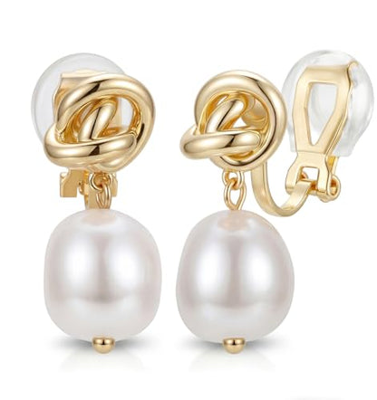 CASSIECA Clip on Earrings Women Pearl Earrings Hypoallergenic 14K Gold Plated Non Pierced Earring Comfortable Fake Drop Dangle Cubic Zirconia Lightweight Pearl Accessories Jewelry Gift Knot
