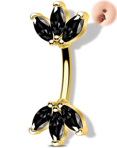 Melighting 14G Gold Lotus Belly Button Ring, Double CZ Navel Ring 316L Surgical Stainless Steel Marquise 5A CZ Steel Belly Bar 8 mm/10 mm - color: Gold Black, size: 14g8mm