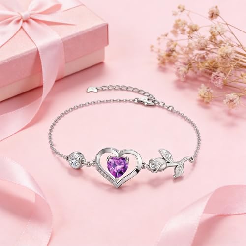 1CT Rose Heart Birthstone Bracelet for Women Love Gift - style: 02-Feb Dark Purple Silver