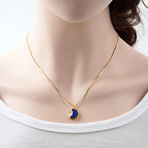 Adabele Natural Druzy Necklace Small Tiny Moon Gemstone Pendant 18 inch Sparkly Agate Stone Crystal Women Jewelry Tarnish Resistant Stainless Steel/Gold Plated Chain - color: Purple blue druzy - gold plated