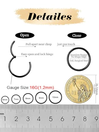 AMASIS Nose Rings and Nose Studs Set, Stainless Steel Hinged Nose Hoops and CZ Studs, Select Sizes and Styles for Nostril Septum Cartilage Piercing Jewelry - color: Black, size: 2-Piece Hoops,16Gauge,9mm