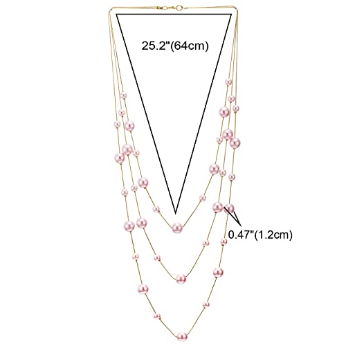 Statement Necklace Three-Strand Long Chains with Synthetic Pearl Beads, Elegant, Dress - color: J-Beads Color: Pink