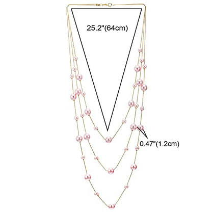 Statement Necklace Three-Strand Long Chains with Synthetic Pearl Beads, Elegant, Dress - color: J-Beads Color: Pink