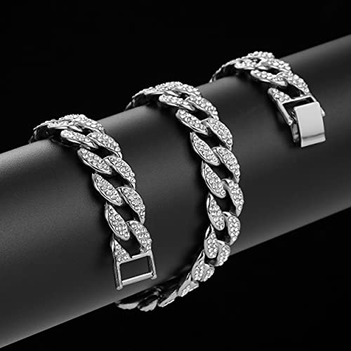 Saintda Iced Out Cuban Link Chain Necklace Bracelet Set for Men | 14mm Cuban Link Necklace Bracelet Jewelry Set Diamond Iced Out Mens Bling Thick Necklaces Chains - color: Silver-W:15MM-THK:3MM, size: 20inch