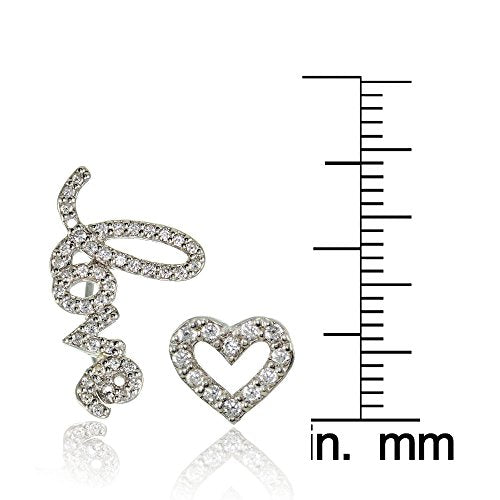 Hoops & Loops 925 Sterling Silver Cubic Zirconia Heart Stud & LOVE Climber Crawler Earrings Set for Women, 2 Pairs Silver, Yellow & Rose Gold - color: Silver