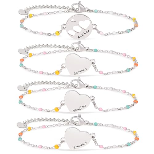 DS Mother Daughter Matching Bracelets,Adjustable Stainless Steel Gift Set | mother’s Day & Birthday Gift Box,Heart Charm,Mommy & Me Style,18K Gold Plated,Hypoallergenic,Daily Wear,Fits Women Teen Girls - color: Silver-7