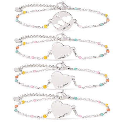 DS Mother Daughter Matching Bracelets,Adjustable Stainless Steel Gift Set | mother’s Day & Birthday Gift Box,Heart Charm,Mommy & Me Style,18K Gold Plated,Hypoallergenic,Daily Wear,Fits Women Teen Girls - color: Silver-7