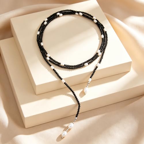Lariat Long Beaded Necklaces for Women Trendy Y-Shaped Pendant Necklace with Turquoise Baroque Pearl Drops Layered Bohemian Beaded Necklace Fashion Statement Jewelry Gifts - color: Black