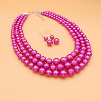 Chunky Layered Imitation Pearl Necklace for Women 3 strand Pearl Necklaces Faux Pearl Necklace Earrings Set 1920s Flapper Gatsby Costume Accessories - color: 3 strand pearl necklace Fuchsia