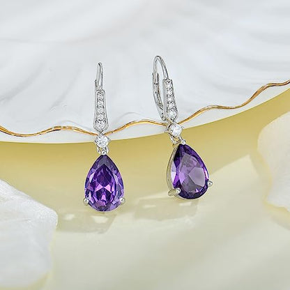 Women 925 Sterling Silver Birthstone Teardrop Leverback Drop Dangle Earrings 8 * 12mm 5A Cubic Zirconia Jewelry for Her - color: Februar,Amethyst Color