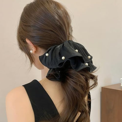 3Pcs Flowing Satin Scrunchies for Women Big Scrunchie with Pearl Pleated Satin Scrunchie Elastic Hair Ties White Black Blue Cute Scrunchy Ponytail Holders Large Scrunchies Womens Hair Accessories