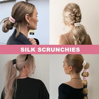 6Pcs Silk Hair Ties 100% Pure Mulberry Silk Scrunchies for Women Girls | No Hair Crease, Anti Frizz, Gentle Hold, No Damage, Color 05 - color: Black&Beige&Pink