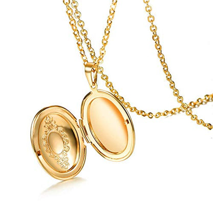 U7 Custom Photo Locket Necklace - Oval & Heart Shaped Locket - Gold/Silver/Rose Gold Personalized Image Necklaces for Women - color: 01-Oval Gold, style: a. locket only