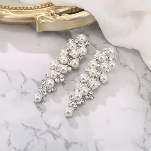 BriLove Women's Wedding Bridal Crystal Simulated Pearl Multi Beaded Cluster Chandelier Dangle Earrings - color: Silver-Tone