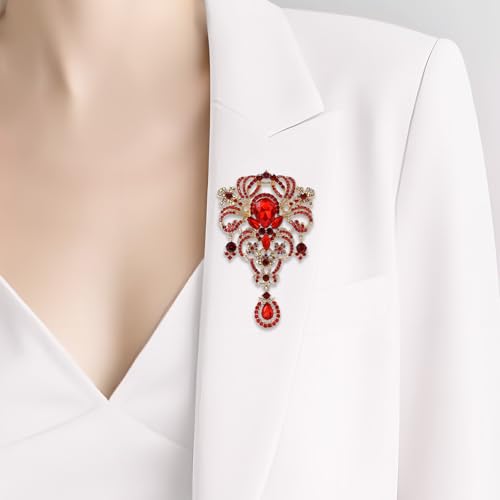 YOQUCOL Retro Austrian Crystal Big Brooch Pin for Women Large Flower Shape Brooches Lapel Pins for Sweater,Coat Dress Accessories - color: A-Red