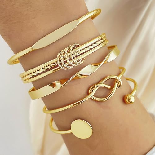 GIGB PBDK Chunky Stackable Gold Cuff Bracelets Set for Women Boho Multi Layer Silver Open Bangles Adjustable Geometry Bracelets Jewelry Accessories - color: Gold
