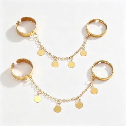 Chain Ring for Women Chunky Dangle Ring Two Finger Rings Crystal Statement Open Adjustable Finger Chain Rings Fashion Jewelry Accessories - color: gold
