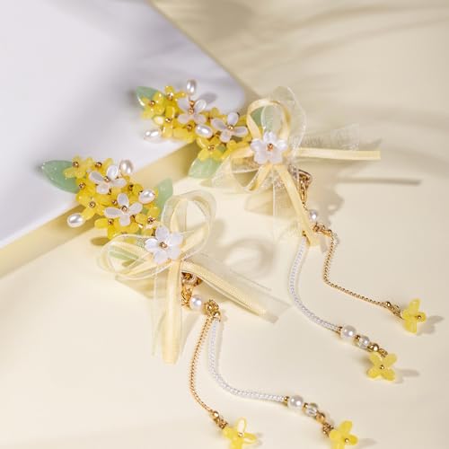 A Pair Wedding Hair Clips, Handmade Floral Design Crystal Hair Clips Pearl Barrettes, Rhinestones Flower Clips Pearl Headpieces Hair Pins Hair Accessories for Women Girls (Yellow&White) - color: Yellow&White
